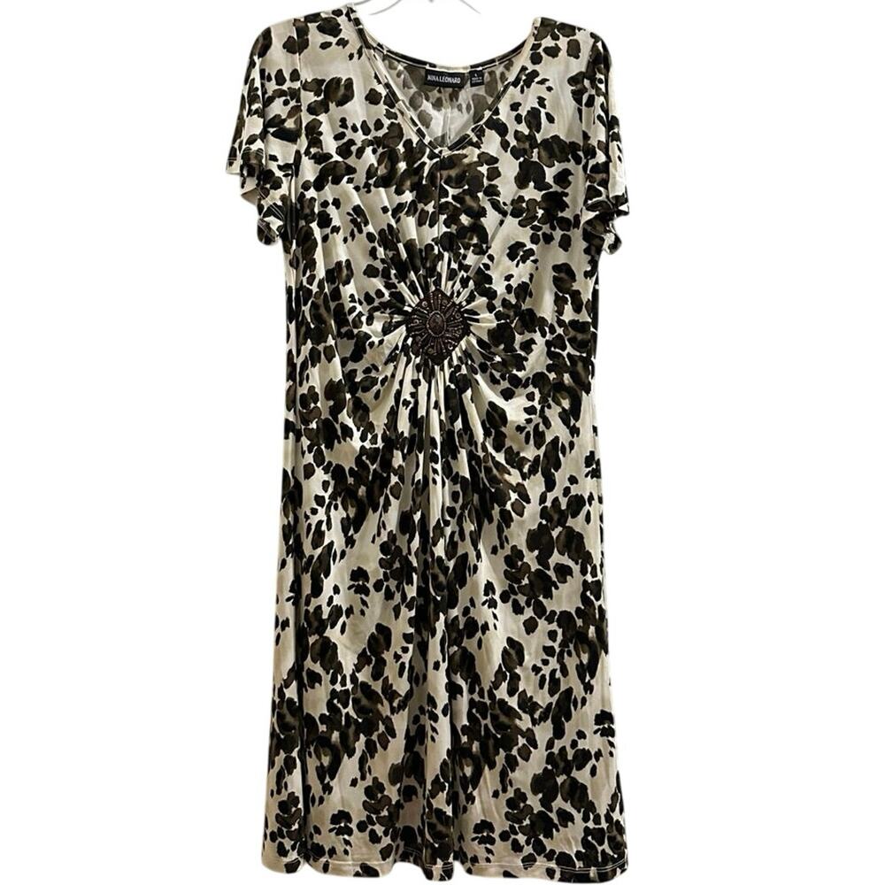 Vintage Nina Leonard Brown & Cream Animal Print Gathered Dress Wrinkle-free L !